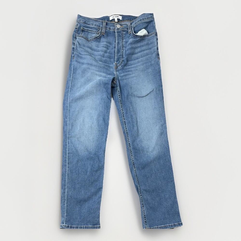 RE/DONE Jeans Women 26 Blue High Rise Straight Leg Logo Hidden Button Fly Ankle